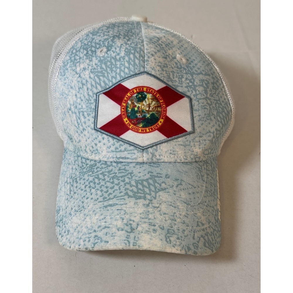 FloGrown Florida Flag Patch Trucker Hat Blue White Mesh Back Adjustable‎ Cap